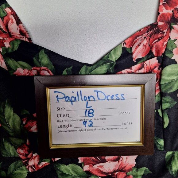 Papillon Rose Dress Womens Large Midi Tie Belt Waist Zip Back Pink Green Floral - Picture 6 of 15